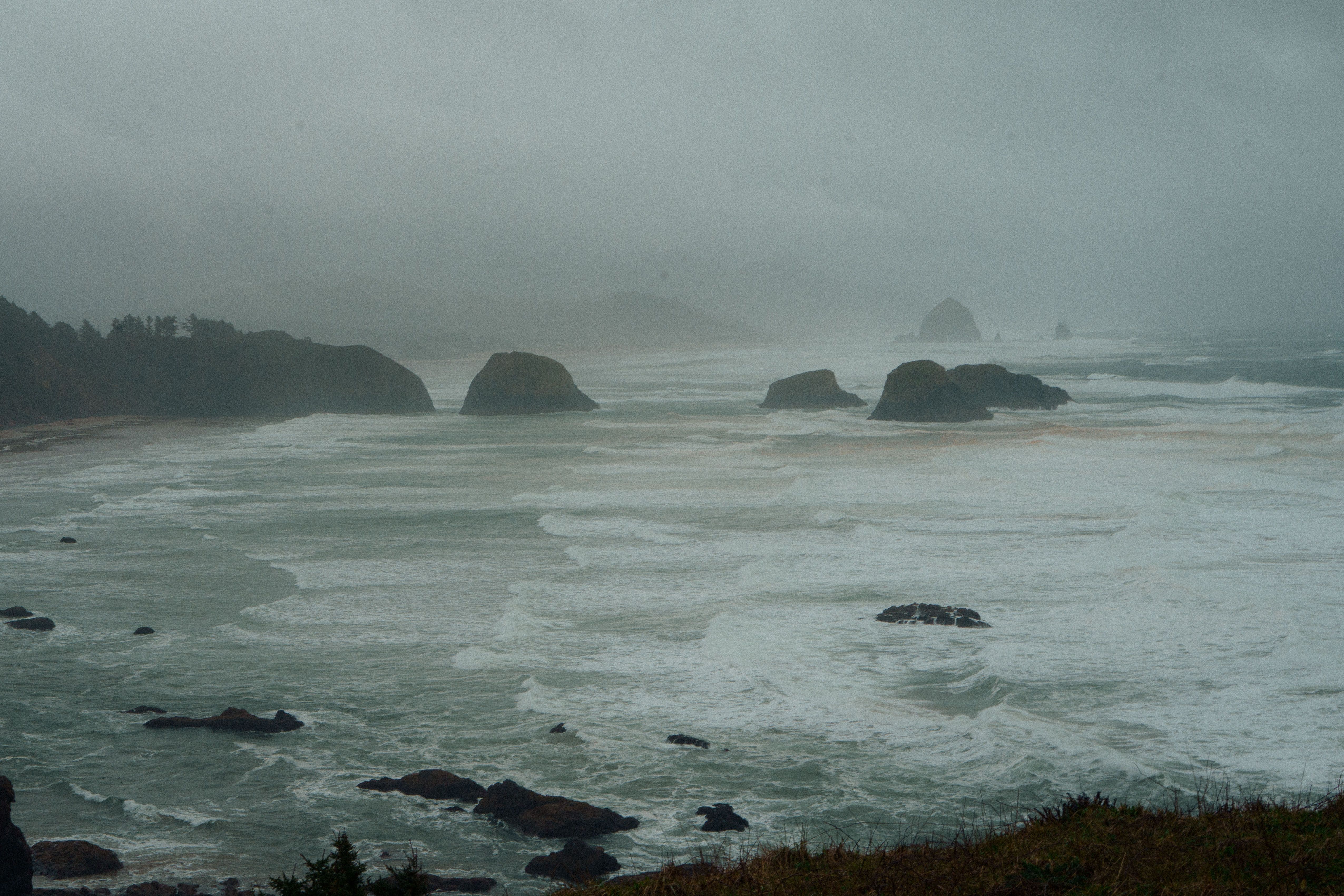 The Oregon coast under heavy fog.