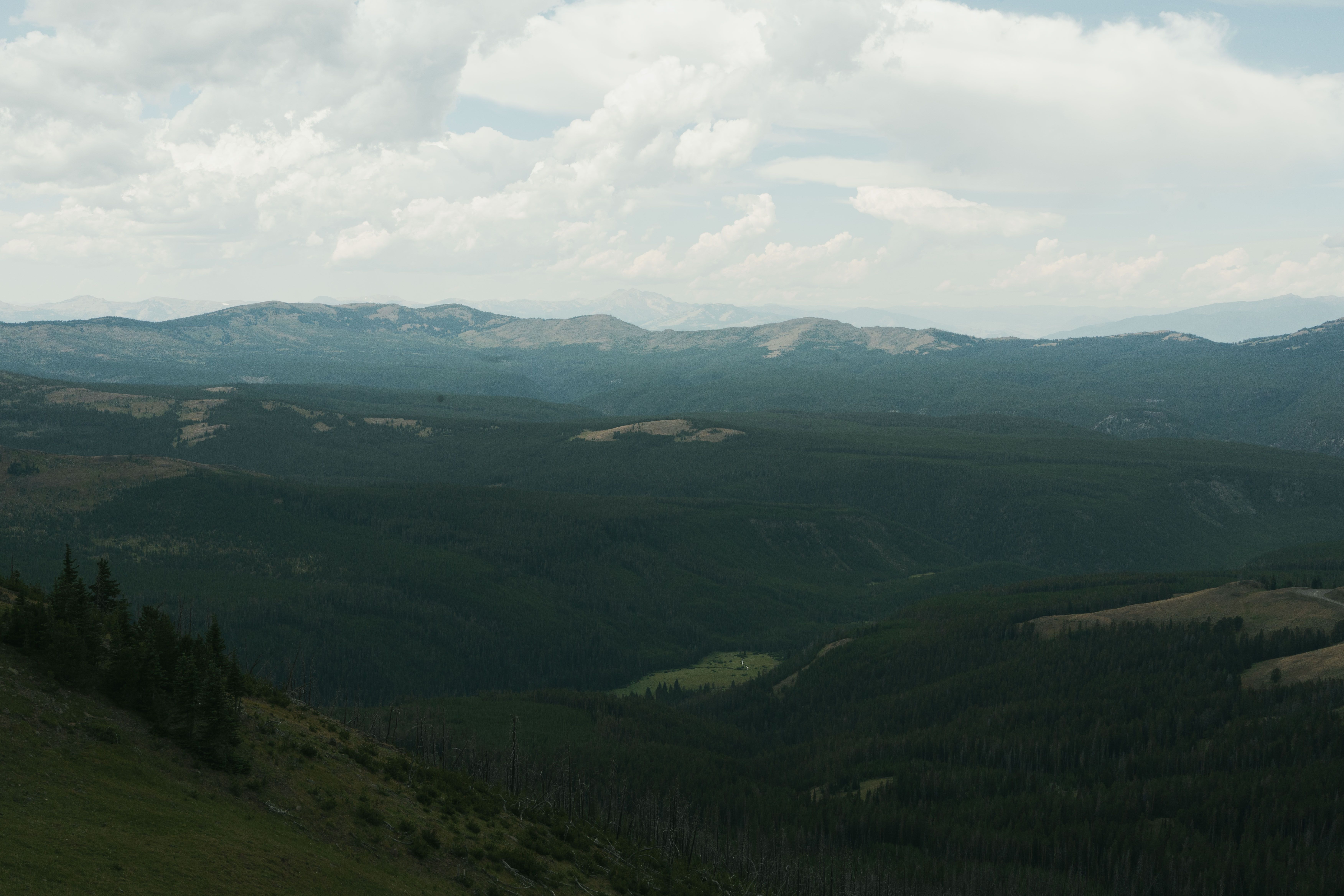 Yellowstone Lake from a distance, with a storm approaching.
